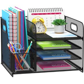 4-Tier Mesh Desk Organizer with File Holder – Office Supplies Organizer for Workspace Accessories, Black