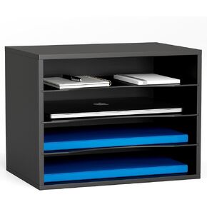 Wood Desktop Letter Tray File Organizer, Paper Storage Mail Sorter with 3 Adjustable Drawer Boards for Home and Office, Black