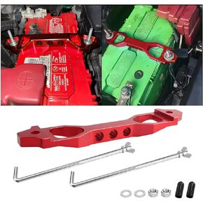 Battery Hold Down Sets, Billet Aluminum Alloy Car Battery Tie Down Bracket, Automotive Crossbar Holder Lock Mount with Galvanized Iron J Bolts, Car Accessories for Most Vehicles (Red)