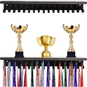 Defined Deco Medal Hanger Display and Trophy Shelf with 32 Hooks-Wooden Medal Holder for Wall Mount Ribbon Display-Trophy Display Shelf for Gymnastics, Soccer, Running Race Medals Awards Rack.