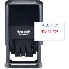 Trodat Printy 4750 Date Stamp with English Message Paid – Self Inking, Red Ink Date and Blue Ink Text