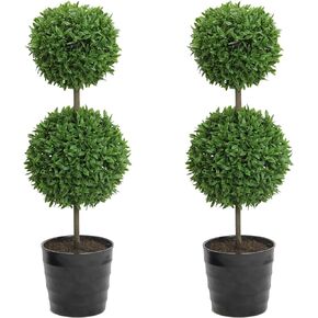 24 Inch Artificial Boxwood Topiary Plants - 3 Ball-Shape Faux Topiaries with Planters for Home Decor, Office Desk, Front Porch Indoor and Outdoor - Green with Black Pot, 1 Pack