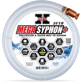 REV X Mega Syphon - 3/4" x 10 Foot Long Self Priming Safe Siphon Hose for Water, Gas, Fuel, Diesel