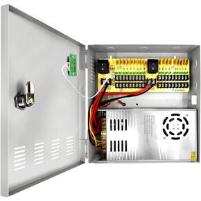 18 Channel 12 Volt DC Output 10A CCTV Distributed Power Supply Box for Security Camera with AC Plug and Lock for Security Cameras, DVRs, CCTV Power Supply (10A 18-Channel)