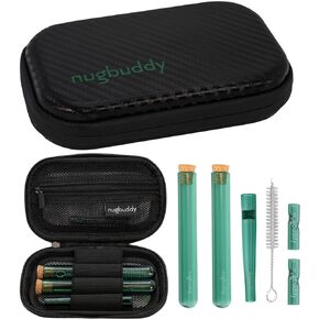 nugbuddy J-Kit - ملحق حقيبة السفر أثناء التنقل، بطانة كربونية بدون رائحة - حافظة مقاومة للماء - ملحقات زجاجية مع أنابيب وأطراف متضمنة والمزيد (أخضر)