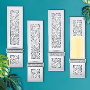 مجموعة من 4 حامل شموع حائطي من الكريستال Crush Diamond مقاس 17.3 × 6.3 بوصة شمعدانات شموع عاكسة فضية مستطيلة الشكل لتزيين الحائط لغرفة المعيشة وغرفة الطعام وغرفة النوم وديكورات المنزل in Kuwait