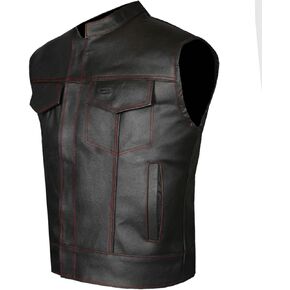 SOA Men's Leather Vest Anarchy Motorcycle Biker Club Concealed Carry Gun Pockets Single Back Panel Outlaws Black