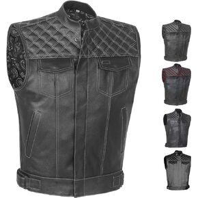 SOA Men's Leather Motorcycle Concealed Gun Pockets Biker Club Vest Paisley Red XXL