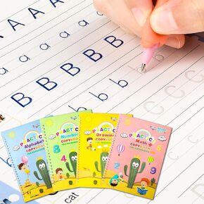 Premium Grooved Handwriting Practice for Kids, Reusable Children's Magic Copybook with Pencil Grips and Pouch, Large Size Calligraphy Workbooks Kit for Pre-School, Kindergarten(30 Refills)