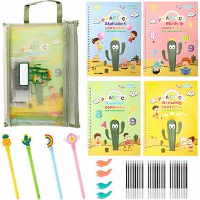Premium Grooved Handwriting Practice for Kids, Reusable Children's Magic Copybook with Pencil Grips and Pouch, Large Size Calligraphy Workbooks Kit for Pre-School, Kindergarten(30 Refills) in Kuwait