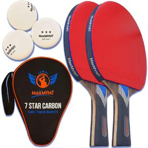 Ping Pong Paddle Set of 2 - Carbon Fiber 7 Ply Rackets - 2 Wristbands - 3 Balls - Premium ITTF Approved Rubber - Complete 2 Player Table Tennis Setup - Protective Carry Case