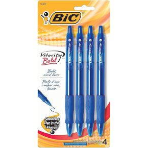 BIC VLGBP41-Blu Velocity Bold Retractable Ball Pen, Bold Point (1.6mm), Blue, 4-Count