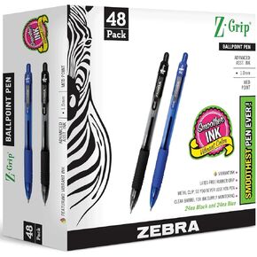 Zebra Pens Bulk Pack Of 48 Ink Pens, Z-grip Retractable Ballpoint Pens Medium Point 1.0 Mm, 24 Black Pens & 24 Blue Pens Combo Pack