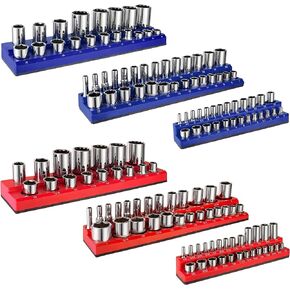 ALOANES 35-Slot Magnetic Socket Organizer, 2PC Socket Holder Kit, 1/2-inch Drive Premium Socket Tray Holders, for Standard and Deep Metric SAE Sockets, Heavy Duty Tools Organizer(Red&Blue)