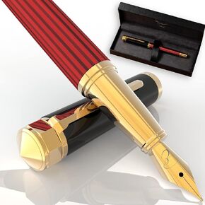 Luxury Fountain Pen Set for Writing - Smooth Medium Nib - Includes Refillable Ink Converter, 3 Ink Cartridges [Black & Blue], Gift Box - Elegant Calligraphy