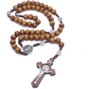 Faith & Gospel Hertos Wood Beads Rosary Necklace Saint Benedict Medal & Catholic Cross Religious Prayer Chaplet String Handmade, brown
