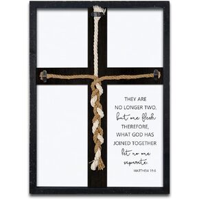 Matthew 19:6 What God Has Joined Sign 15"X10" Cord of Three Strands Unity Cross Braid Wall Decor Anniversary Religious Gifts for Couple Cross to Braid or Tie God's Knot, Symbolic of Unity (Black)