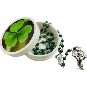 Westmon Works Irish Shamrock Rosary Saint Patrick's Prayer Set with Green Ireland Beads Metal Celtic Crucifix and Holy Card in a Case
