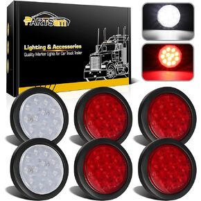 Partsam 6Pcs 4 Inch Round LED Trailer Tail Lights Kit - Round Led Stop Turn Tail Back-up Reverse Fog Lights 12 LED Include Lights Grommet 3-Prong Wire Pigtails for Truck Trailer RV(4 Red + 2 White)