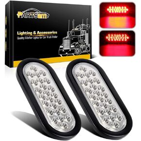 Partsam 2x Oval Brake Stop Tail Turn Sealed Marker Lights Flush Mount 6.3" Inch 24 LED Truck Trailer Boat Utility Clear Lens Red w/Rubber Grommet Waterproof 12V