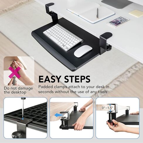 EHO Clamp-On Retractable Adjustable Keyboard Tray, Under Desk Ergonomic Keyboard Tray - Easy Tool-Free Install - Small Surface 20" (24.8" Including Clamps) x 11.5" in Kuwait