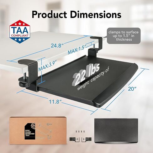 EHO Clamp-On Retractable Adjustable Keyboard Tray, Under Desk Ergonomic Keyboard Tray - Easy Tool-Free Install - Small Surface 20" (24.8" Including Clamps) x 11.5" in Kuwait