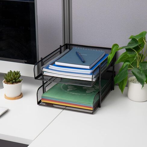 Mind Reader Stackable Paper Tray, Desktop Organizer, File Storage, Office, Metal Mesh, 10.5" L x 13.25" W x 7.5" H, 2 Pcs, Black in Saudi Arabia