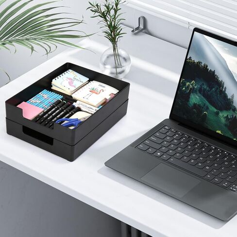 صينية بحجم حرف EsOfficce، قطعتان من صينية ورق A4 بلاستيكية قابلة للتكديس، منظم أدراج المكتب، سلة تخزين كبيرة متعددة الاستخدام للوازم المنزل المكتبية، 13 × 9.6 بوصة in Kuwait
