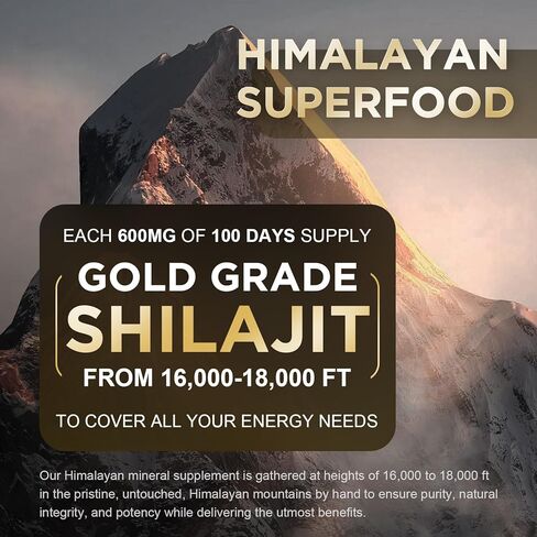 شيلاجيت راتنج شيلاجيت العضوي النقي من الهيمالايا - 600 مجم أقصى فعالية مكمل شيلاجيت طبيعي من الدرجة الذهبية مع 85+ من المعادن النزرة وحمض الفولفيك للطاقة والمناعة، 60 جرامًا in Kuwait