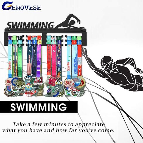 حامل ميداليات السباحة من جينوفيز، حامل شماعات لعرض الميداليات للسباح، معدن فولاذي أسود قوي، مثبت على الحائط أكثر من 50 ميدالية in Kuwait