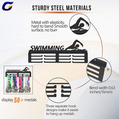 حامل ميداليات السباحة من جينوفيز، حامل شماعات لعرض الميداليات للسباح، معدن فولاذي أسود قوي، مثبت على الحائط أكثر من 50 ميدالية in Kuwait