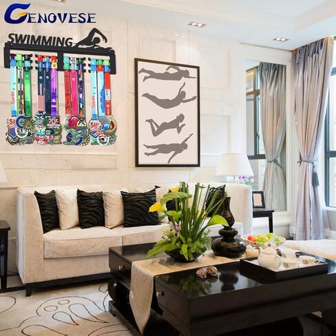 حامل ميداليات السباحة من جينوفيز، حامل شماعات لعرض الميداليات للسباح، معدن فولاذي أسود قوي، مثبت على الحائط أكثر من 50 ميدالية in Kuwait