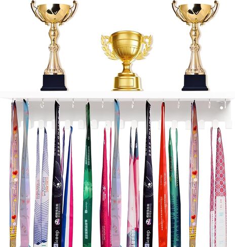 Defined Deco Medal Hanger Display and Trophy Shelf with 32 Hooks-Wooden Medal Holder for Wall Mount Ribbon Display-Trophy Display Shelf for Gymnastics, Soccer, Running Race Medals Awards Rack. in Saudi Arabia