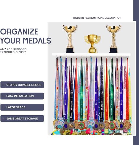 Defined Deco Medal Hanger Display and Trophy Shelf with 32 Hooks-Wooden Medal Holder for Wall Mount Ribbon Display-Trophy Display Shelf for Gymnastics, Soccer, Running Race Medals Awards Rack. in Saudi Arabia