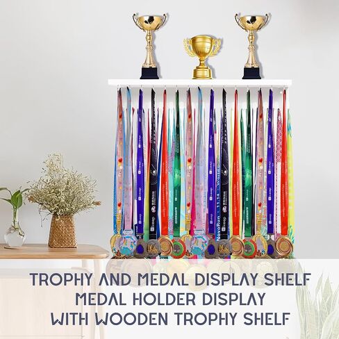 Defined Deco Medal Hanger Display and Trophy Shelf with 32 Hooks-Wooden Medal Holder for Wall Mount Ribbon Display-Trophy Display Shelf for Gymnastics, Soccer, Running Race Medals Awards Rack. in Saudi Arabia