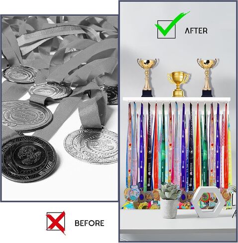 Defined Deco Medal Hanger Display and Trophy Shelf with 32 Hooks-Wooden Medal Holder for Wall Mount Ribbon Display-Trophy Display Shelf for Gymnastics, Soccer, Running Race Medals Awards Rack. in Saudi Arabia