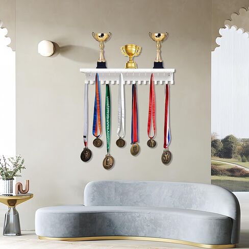 Defined Deco Medal Hanger Display and Trophy Shelf with 32 Hooks-Wooden Medal Holder for Wall Mount Ribbon Display-Trophy Display Shelf for Gymnastics, Soccer, Running Race Medals Awards Rack. in Saudi Arabia