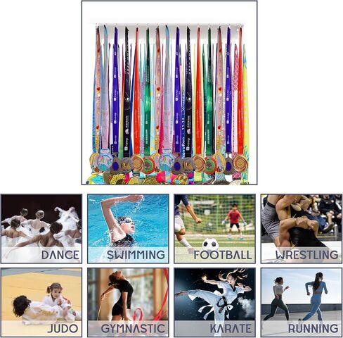 Defined Deco Medal Hanger Display and Trophy Shelf with 32 Hooks-Wooden Medal Holder for Wall Mount Ribbon Display-Trophy Display Shelf for Gymnastics, Soccer, Running Race Medals Awards Rack. in Saudi Arabia