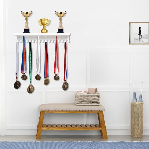 Defined Deco Medal Hanger Display and Trophy Shelf with 32 Hooks-Wooden Medal Holder for Wall Mount Ribbon Display-Trophy Display Shelf for Gymnastics, Soccer, Running Race Medals Awards Rack. in Saudi Arabia