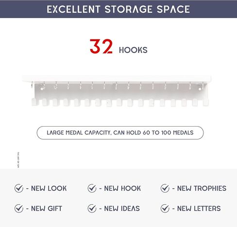 Defined Deco Medal Hanger Display and Trophy Shelf with 32 Hooks-Wooden Medal Holder for Wall Mount Ribbon Display-Trophy Display Shelf for Gymnastics, Soccer, Running Race Medals Awards Rack. in Saudi Arabia