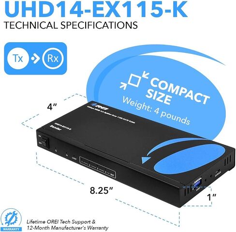 موزع موسع HDMI OREI 4K 1x4، كابل متعدد فوق واحد CAT6/7 4K@60 هرتز 4:4:4 HDCP 2.2 مع إدارة EDID عن بعد بالأشعة تحت الحمراء - ما يصل إلى 100 قدم - حلقة خارجية - زمن وصول منخفض - دعم كامل in Saudi Arabia