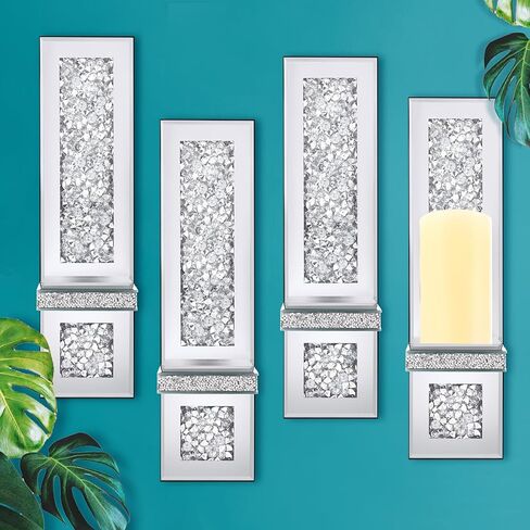 مجموعة من 4 حامل شموع حائطي من الكريستال Crush Diamond مقاس 17.3 × 6.3 بوصة شمعدانات شموع عاكسة فضية مستطيلة الشكل لتزيين الحائط لغرفة المعيشة وغرفة الطعام وغرفة النوم وديكورات المنزل in Kuwait