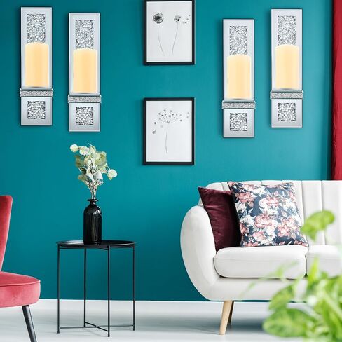 مجموعة من 4 حامل شموع حائطي من الكريستال Crush Diamond مقاس 17.3 × 6.3 بوصة شمعدانات شموع عاكسة فضية مستطيلة الشكل لتزيين الحائط لغرفة المعيشة وغرفة الطعام وغرفة النوم وديكورات المنزل in Kuwait