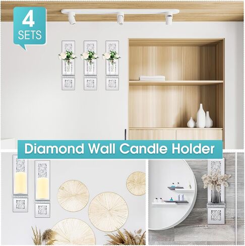 مجموعة من 4 حامل شموع حائطي من الكريستال Crush Diamond مقاس 17.3 × 6.3 بوصة شمعدانات شموع عاكسة فضية مستطيلة الشكل لتزيين الحائط لغرفة المعيشة وغرفة الطعام وغرفة النوم وديكورات المنزل in Kuwait
