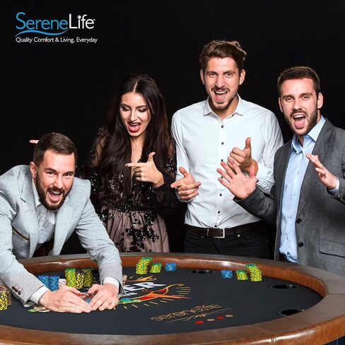 SereneLife 8- Player Round Foldable Poker Table, Casino Leisure Texas Holdem Table, w/ water Resistant Cushioned Rail, 8 Cup Holders, Brown Felt Surface, Black Jack Board & Family Games (Black) in Saudi Arabia