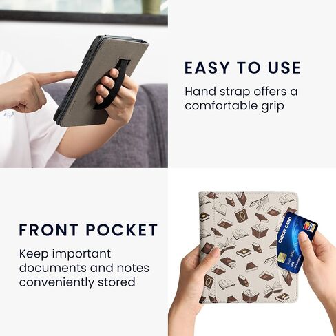 حافظة kwmobile متوافقة مع Onyx Boox Leaf 2 - غطاء جلد PU مع إغلاق مغناطيسي، حزام، جيب أمامي - فتاة وكتب أسود/بيج in Kuwait