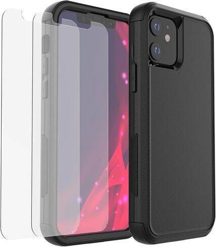 حافظة متينة لهاتف iPhone 12/12 Pro [مقاومة للسقوط] [مقاومة للصدمات] 3 طبقات شديدة التحمل للحماية من السقوط لهاتف iPhone 12/12 Pro 6.1 بوصة مع 2 واقي شاشة من الزجاج المقسى (أسود) in Saudi Arabia