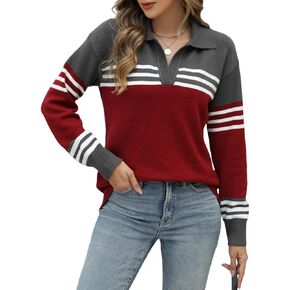 CiCiBird Women Fall V Neck Sweater Color Block Polo Long Sleeve Shirt Casual Loose Striped Pullover Sweaters