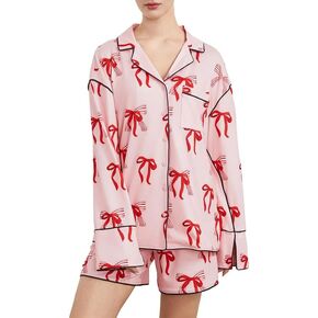Women Christmas Pajamas Shorts Set Santa Claus Pjs Long Sleeve Button Down Shirt+Pants 2 Piece Xmas Jammies Loungewear