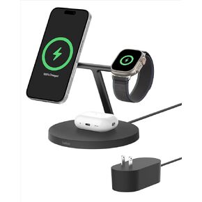 حامل شحن لاسلكي 3 في 1 من بيلكين مع تقنية MagSafe المغناطيسية المتوافقة مع Qi2 بقدرة 15 وات، شاحن iPhone سريع الشحن لسلسلة iPhone 15 و14 و13 وAirPods وApple Watch والمزيد (يشمل PSU) - أبيض